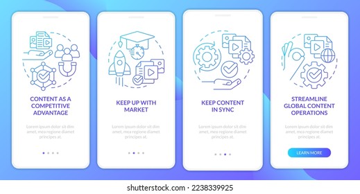 Content design strategies blue gradient onboarding mobile app screen. Business walkthrough 4 steps graphic instructions with linear concepts. UI, UX, GUI template. Myriad Pro-Bold, Regular fonts used