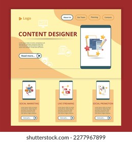 Content designer flat landing page website template. Social marketing, live streaming, social promotion. Web banner with header, content and footer. Vector illustration.