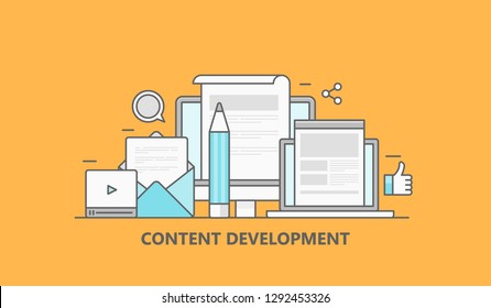 Content development, Blog writing, Blogging, Social sharing flat line vector banner concept