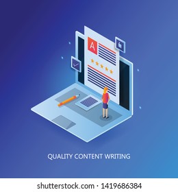 Content development, Digital Publication, Quality Content writing - 3D, isometric vector illustration