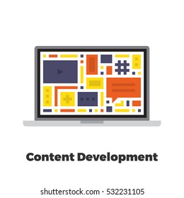Content Development Flat Icon. Material Design Illustration Concept. Modern Colorful Web Design Graphics. Premium Quality. Pixel Perfect. Bold Line Color Art. Unusual Artwork Isolated on White. 