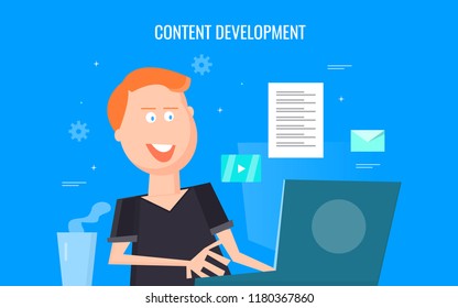 Content Development - Man developing content for website, blog and social media flat vector illustration with icons