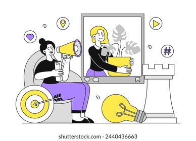 Estrategia de desarrollo de contenido lineal. Mujer con altavoz y objetivo con bombilla. Talentoso especialista en SMM. marketing y promoción en redes sociales. Doodle ilustración vectorial plana