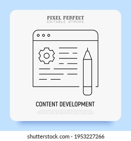 Content development thin line icon. SEO, website optimization, internet marketing. Pixel perfect, editable stroke. Vector illustration.