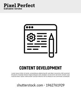 Content development thin line icon. SEO, website optimization, internet marketing. Pixel perfect, editable stroke. Vector illustration.