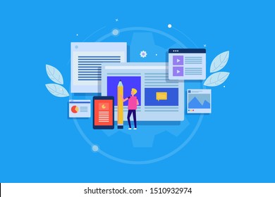 Content development, Writing, Blogging, user generated content - flat design vector illustration with icons and characters