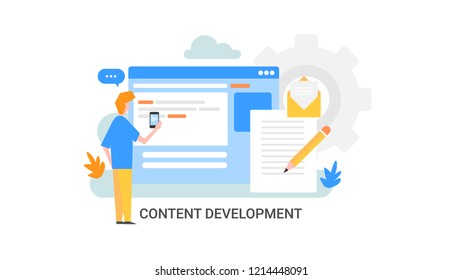Desarrollo de contenido, redacción de contenido, marketing Vector plano ilustración de Anuncio para Sitio web, blog y presentación