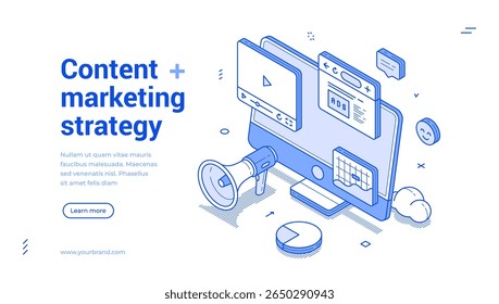 Content digital internet marketing strategy development outline isometric web banner design template vector illustration. Online promo commercial advertising commercial technology landing page