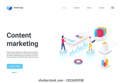 Content Digital Marketing Concept Isometric Vector Illustration. Cartoon 3d Team Of Marketer People Study Audience In Social Media, Seo Optimization Campaign For Target Searching Process Landing Page