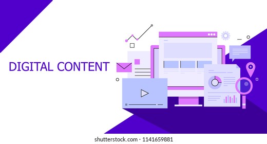 Content for digital marketing, Video, SEO, Social media, data analysis - flat line vector concept with icons