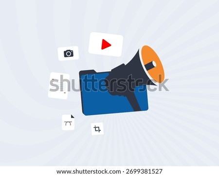 Content distribution platform - brand visibility with multimedia asset management, media kit, automated publishing workflows, cross-channel engagement analytics for marketing impact illustration