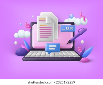 Content edit. 3D laptop and copywriting technology. Text writer. Brief for course. Business digital editor. Grammar improvement. Document and pen. Blog copywriter. Vector exact illustration