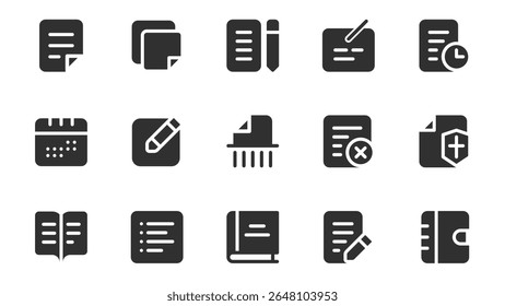 Pacote de ícones de edição de conteúdo para web design. Ícone sólido com texto, arquivo de documento, escrita à caneta, artigo, prazo, calendário, blog, mensagem, mídia social e mais pictogramas. Ilustração vetorial.