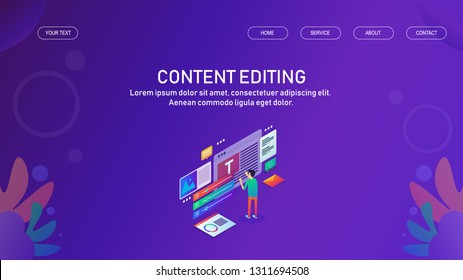 Content editing, development, publication, post sharing, content adding flat design 3D isometric banner