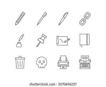 Content editing line icons set with pencil, pen, link, quill pen, inkwell, pin, writing, notebook, trash can, skull, printer, typewriter.