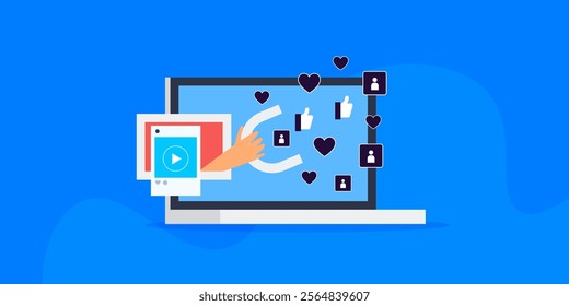 Content engagement, Content attracting likes, shares, Audience engaged with social media content, Content marketing strategy - vector illustration with icons