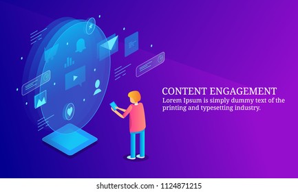 Content Engagement, Digital Content Marketing, Engaging Audience - 3D Isometric Flat Banner With Icons And Texts