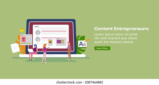 Content entrepreneurs creating content, Content development for audience growth, Digital content production - conceptual vector illustration with characters