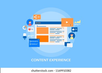 Content experience, Digital content marketing concept, engaging content flat design vector banner with icons