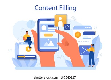 Content filling concept. Making responsive and viral content for business development. Idea of digital strategy, business promotion and communication with customer. Flat vector illustration