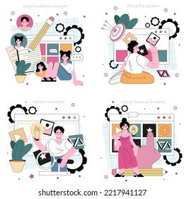 Conjunto de conceptos de relleno de contenido. Análisis de audiencia objetivo y creación de contenido receptivo. Idea de estrategia digital, promoción de negocios y comunicación con el cliente. Ilustración vectorial plana