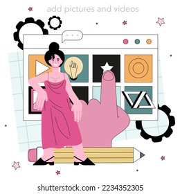 Content filling concept. Target audience analysis and making responsive content. Idea of digital strategy, business promotion and communication with customer. Flat vector illustration