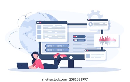 Content filling concept. Woman with laptop develops articles for website. Copywriter and content creator. Entertainment in social networks. SMM specialist. Flat vector illustration