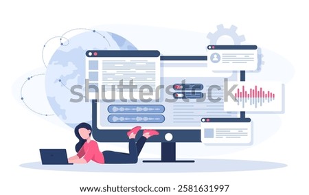 Content filling concept. Woman with laptop develops articles for website. Copywriter and content creator. Entertainment in social networks. SMM specialist. Flat vector illustration