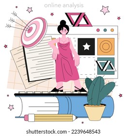 Content filling online service or platform. Target audience analysis and making responsive content. Digital promotion. Online analysis. Flat vector illustration