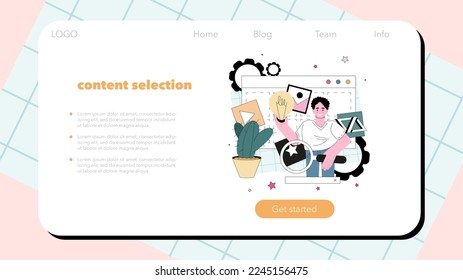 Content filling web banner or landing page. Target audience analysis and making responsive content. Digital strategy, business promotion and communication with customer. Flat vector illustration