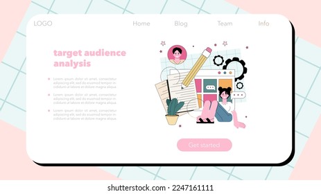 Content filling web banner or landing page. Target audience analysis and making responsive content. Digital strategy, business promotion and communication with customer. Flat vector illustration