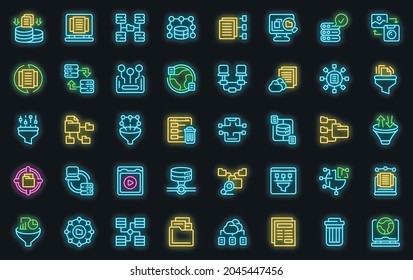 Conjunto de iconos de filtro de contenido. Conjunto de esquemas de iconos vectoriales de filtro de contenido color de neón en negro