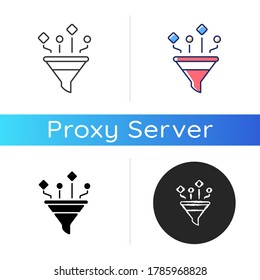 Content filtering icon. Internet traffic management. Linear black and RGB color styles. Incoming data control, virus and dangerous malware protection. Funnel Isolated vector illustrations