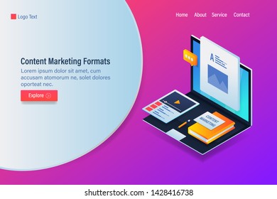 Content formats - Video, Text, Document, Image.  Content marketing strategy - 3D, vector landing page with texts