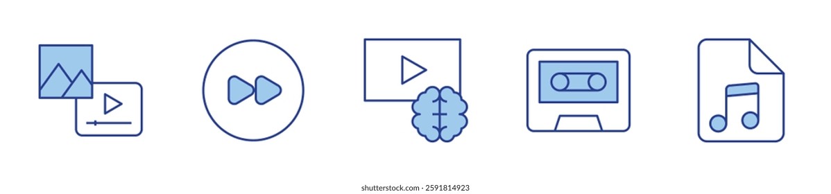 content, forward, video, cassette, music sheet. Multimedia Icon vector illustration. Line Duotone style. Editable stroke.