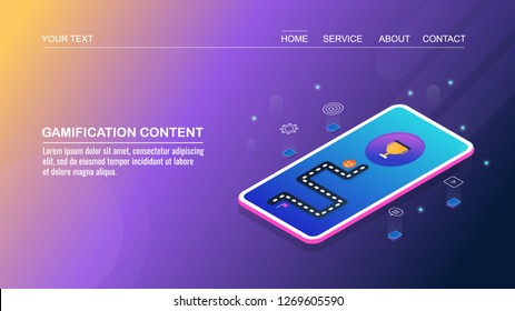 Content gamification, interactive content, engaging contents for user flat design 3D isometric vector concept