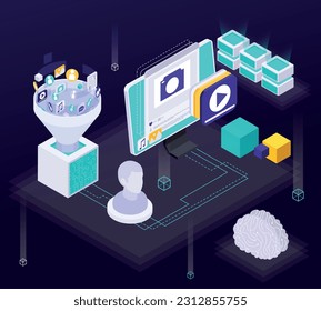 Content generated by artificial intelligence technologies isometric concept on dark background 3d vector illustration