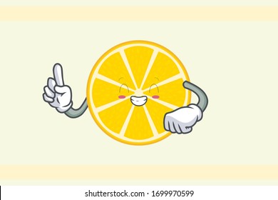 CONTENT, HAPPY Face . Index Finger, Forefinger Gesture. Mascot Illustration Slice Lemon Fruit.