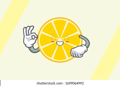 CONTENT, HAPPY Face . Ok, Okey, Okay, Nice, Alright Gesture. Mascot Illustration Slice Lemon Fruit