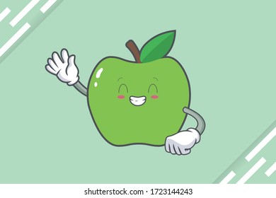 CONTENT, HAPPY , GRIN SMILE, cheerful Face Emotion. Waving Hand Gesture. Green Apple Mascot Illustration.