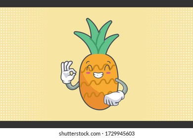 CONTENT, HAPPY , GRIN SMILE, cheerful Face Emotion. Nice Hand Gesture. Pineapple Fruit Cartoon Drawn Mascot Illustration.