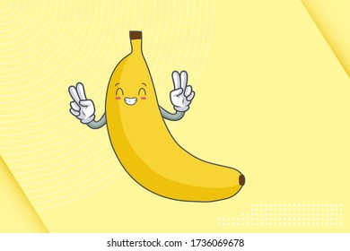 CONTENT, HAPPY , GRIN SMILE, cheerful Face Emotion. Double Peace Hand Gesture. Banana Fruit Cartoon Drawing Mascot Illustration.