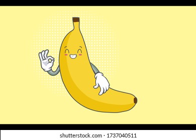 CONTENT, HAPPY , GRIN SMILE, cheerful Face Emotion. Nice Hand Gesture. Banana Fruit Cartoon Drawing Mascot Illustration.