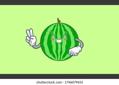 CONTENT, HAPPY , GRIN SMILE, cheerful Face Emotion. Peace Hand Gesture. Watermelon Fruit Cartoon Drawing Mascot Illustration.