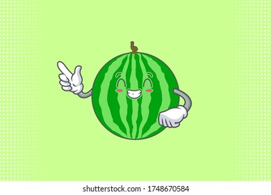 CONTENT, HAPPY , GRIN SMILE, cheerful Face Emotion. Forefinger Hand Gesture. Watermelon Fruit Cartoon Drawing Mascot Illustration.