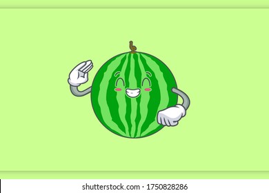 CONTENT, HAPPY , GRIN SMILE, cheerful Face Emotion. Salute Hand Gesture. Watermelon Fruit Cartoon Drawing Mascot Illustration.