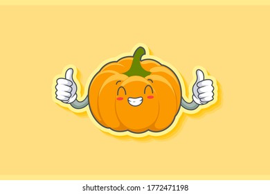 CONTENT, HAPPY , GRIN SMILE, cheerful Face Emotion. Double Thumb Up Hand Gesture. Yellow, Orange Pumpkin Fruit Cartoon Drawing Mascot Illustration.