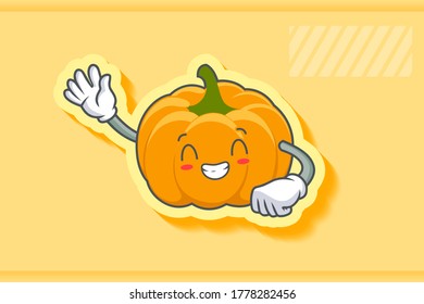 CONTENT, HAPPY , GRIN SMILE, cheerful Face Emotion. Waving Hand Gesture. Yellow, Orange Pumpkin Fruit Cartoon Drawing Mascot Illustration.