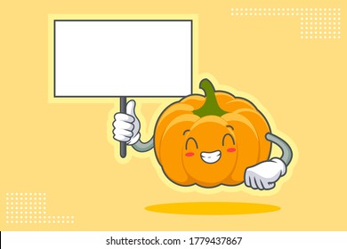 CONTENT, HAPPY , GRIN SMILE, cheerful Face Emotion. Holding Whiteboard Hand Gesture. Yellow, Orange Pumpkin Fruit Cartoon Drawing Mascot Illustration.