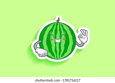 CONTENT, HAPPY , GRIN SMILE, cheerful Face Emotion. Nice Hand Gesture. Watermelon Fruit Cartoon Drawing Mascot Illustration.